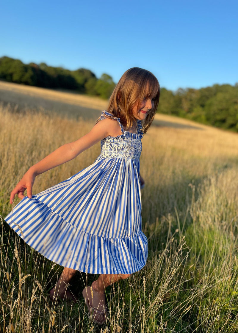 Rachel Carson Dress Lapiz Lazuli Stripe with Chantilly Hand Smocking