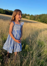 Rachel Carson Dress Lapiz Lazuli Stripe with Chantilly Hand Smocking