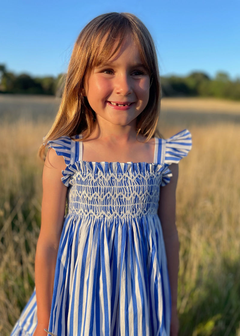 Rachel Carson Dress Lapiz Lazuli Stripe with Chantilly Hand Smocking