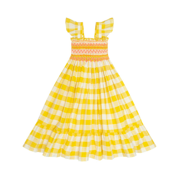 Rachel Carson Dress Sunshine Gingham with Tangerine Dreams Hand Smocking