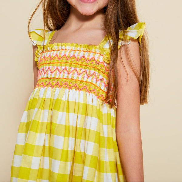 Rachel Carson Dress Sunshine Gingham with Tangerine Dreams Hand Smocking