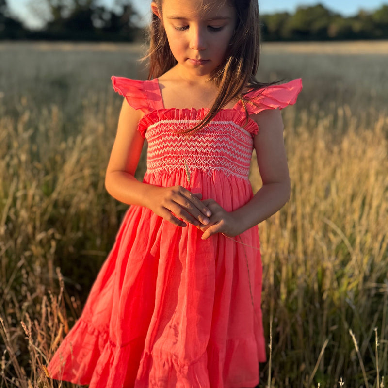 Rachel Carson Girls Dress Coral Dreams Organdie with Chantilly Hand Smocking