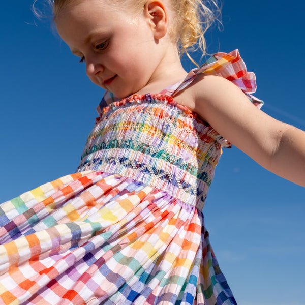 Rachel Carson Girls Dress Rainbow Gingham Seersucker with Prism Hand Smocking