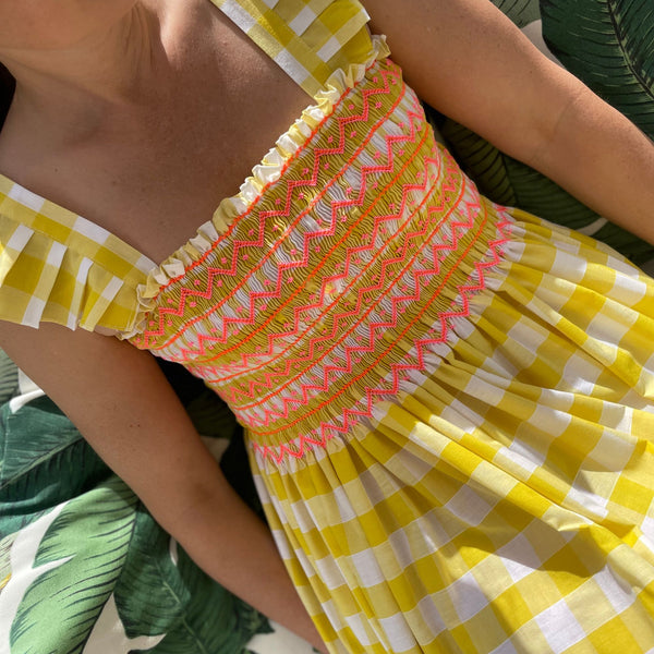 Rachel Carson Women's Dress Sunshine Gingham with Tangerine Dreams Hand Smocking