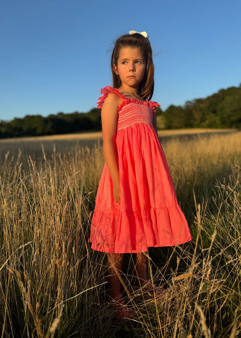 Rachel Carson Girls Dress Coral Dreams Organdie with Chantilly Hand Smocking
