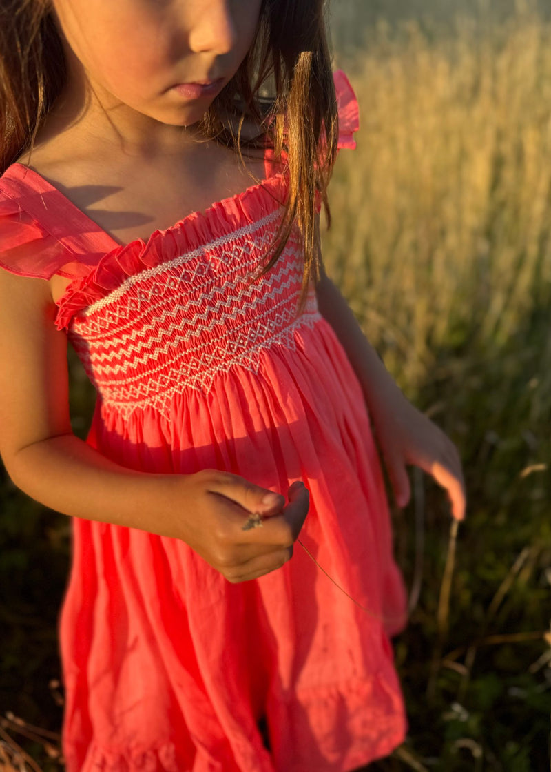 Rachel Carson Girls Dress Coral Dreams Organdie with Chantilly Hand Smocking