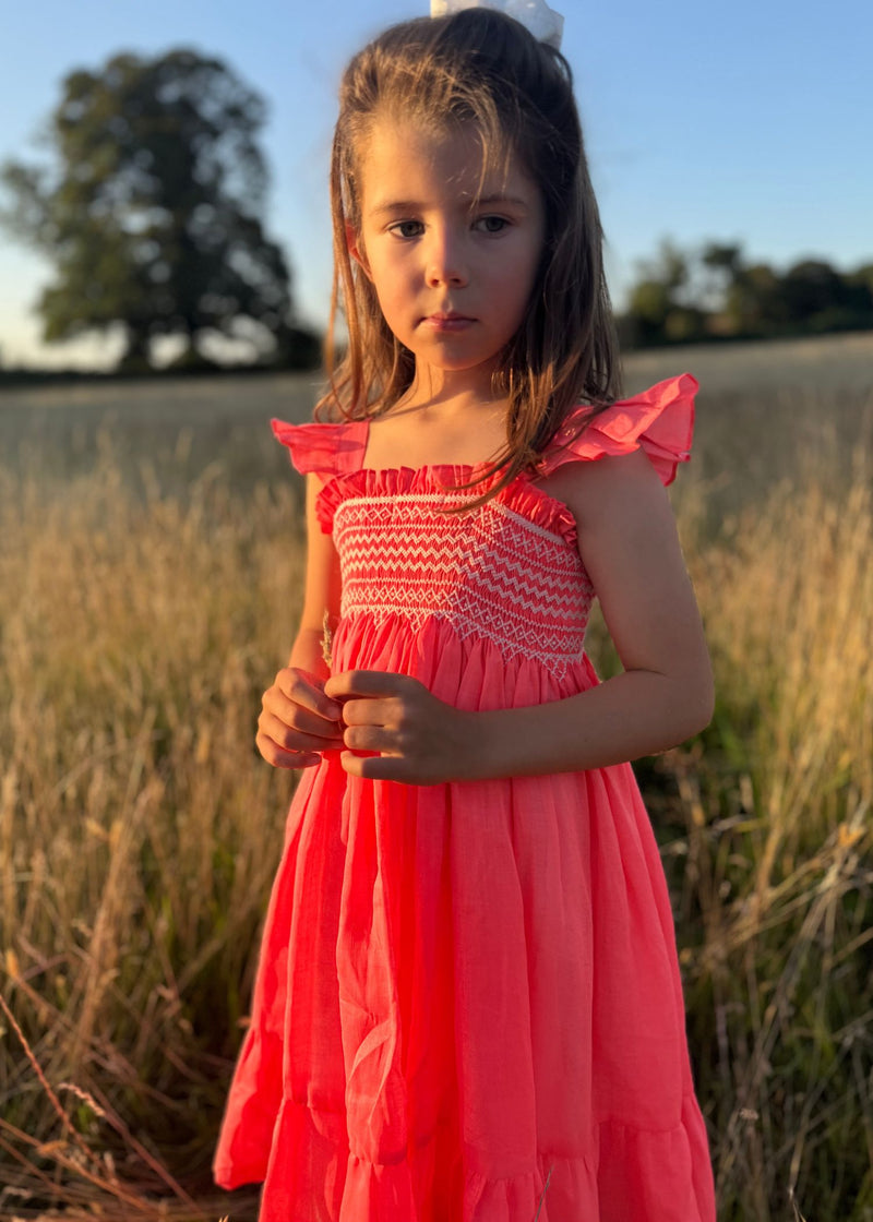 Rachel Carson Girls Dress Coral Dreams Organdie with Chantilly Hand Smocking