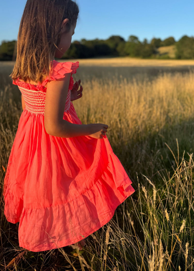 Rachel Carson Girls Dress Coral Dreams Organdie with Chantilly Hand Smocking