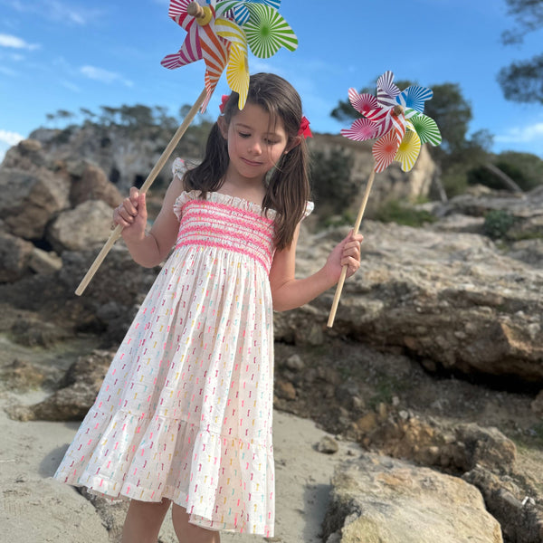 Rachel Carson Girls Dress Neon Confetti Plumetti with Wham Bar Hand Smocking