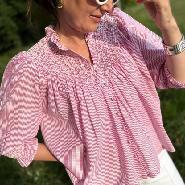Rosa Parks Blouse Cherry Stripe with Summer White Hand Smocking Edition 8