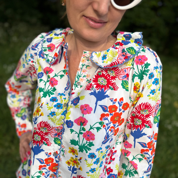 De Beauvoir Blouse Midsummer Flowers with Deep Blue embroidery