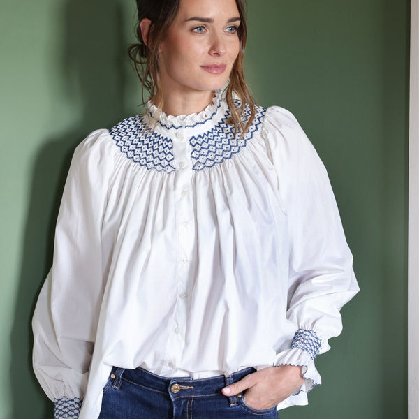 Scholl Women's Blouse White with Navy Hand Smocking Edition 18