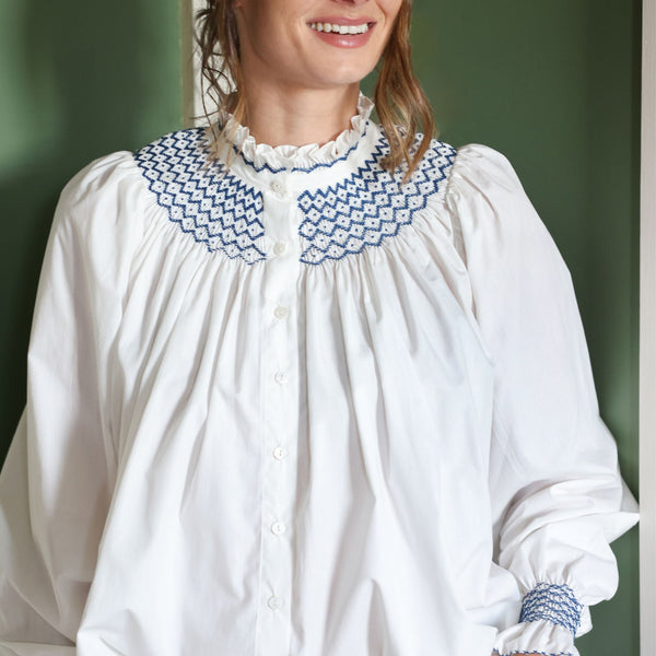 Scholl Women's Blouse White with Navy Hand Smocking Edition 18