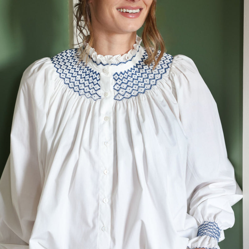 Scholl Women's Blouse White with Navy Hand Smocking Edition 18