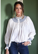 Scholl Women's Blouse White with Navy Hand Smocking Edition 18