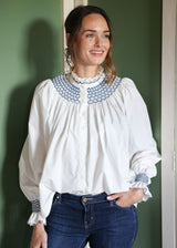 Scholl Women's Blouse White with Navy Hand Smocking Edition 18