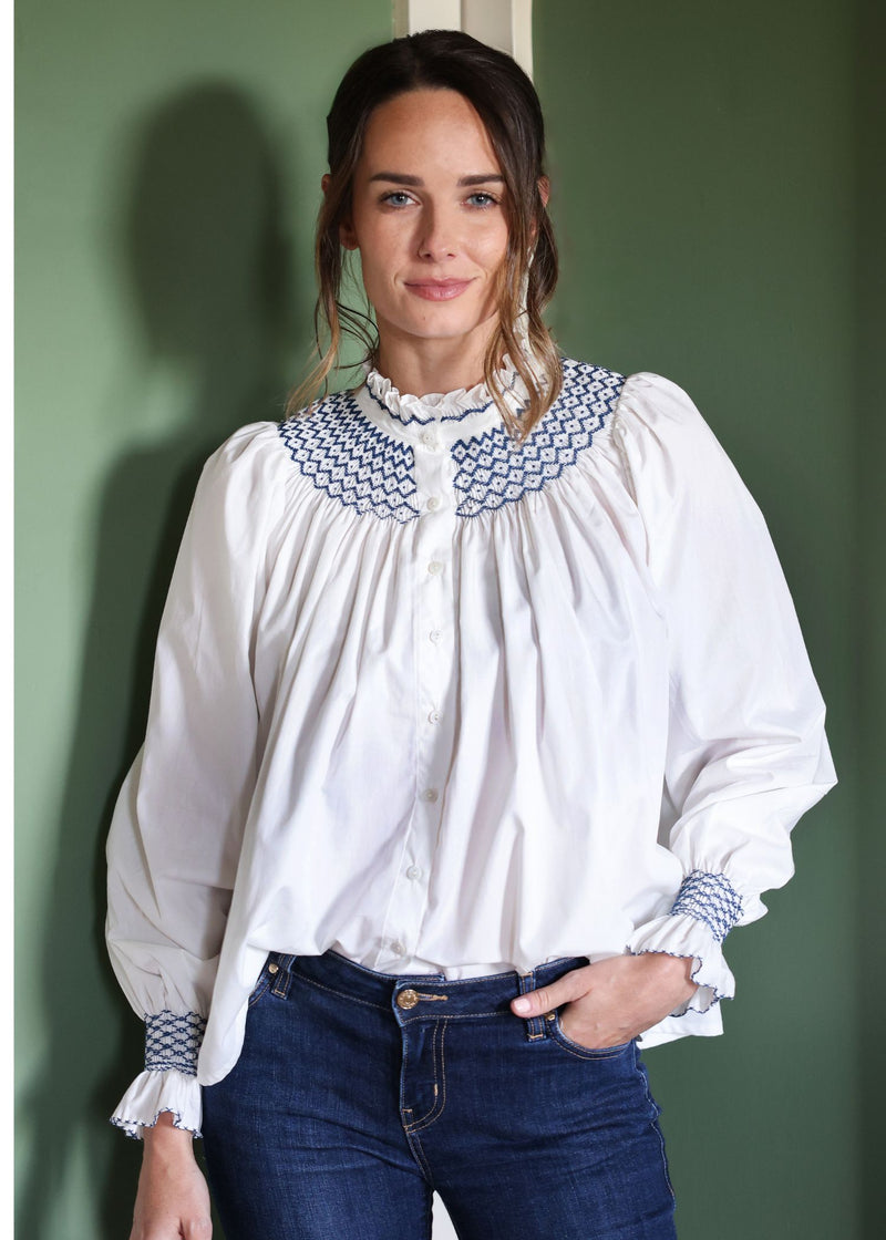 Scholl Women's Blouse White with Navy Hand Smocking Edition 18