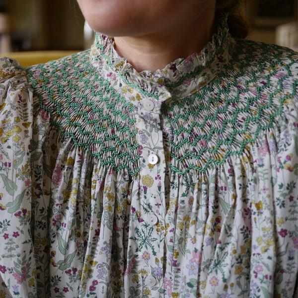 Scholl Women's Blouse with Evergreen Hand Smocking made with Liberty Field Flowers Edition 15