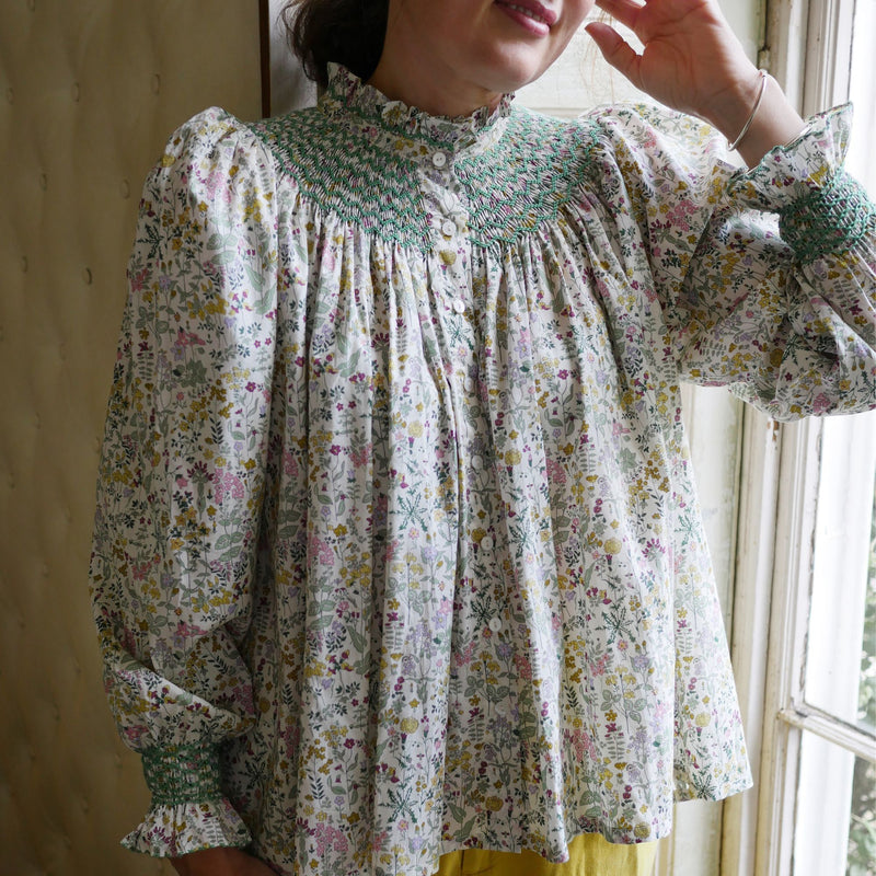 Scholl Women's Blouse with Evergreen Hand Smocking made with Liberty Field Flowers Edition 15