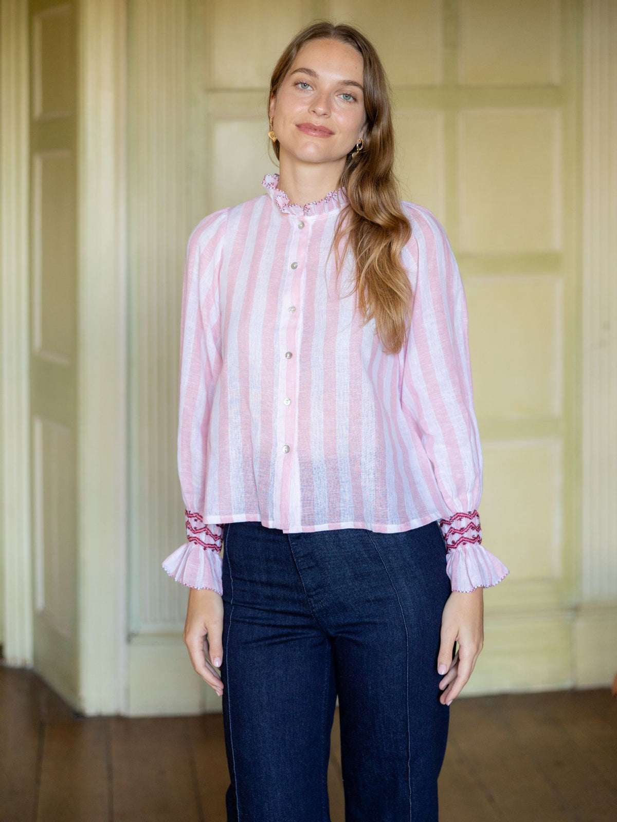Shelley Blouse Powder Pink Stripe with Copper Beech Hand Smocking Edition 17