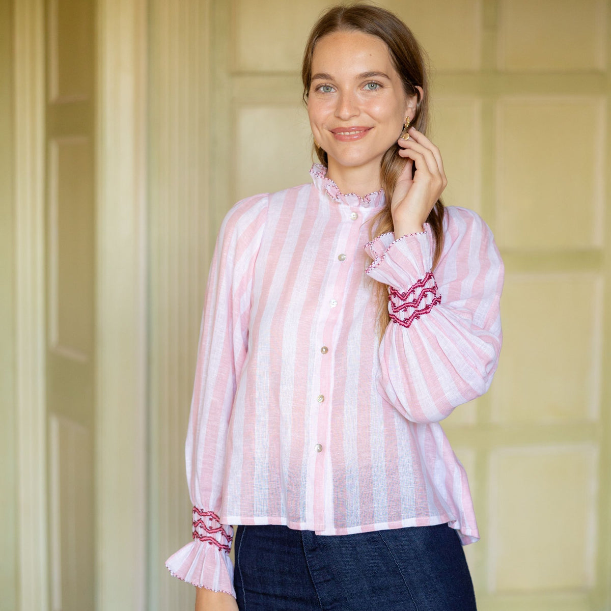 Shelley Blouse Powder Stripe Copper Beech Hand Smocking Edition 17