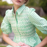 Victoria Woodhull Dress Green Goddess Stripe with Chantilly Hand Smocking