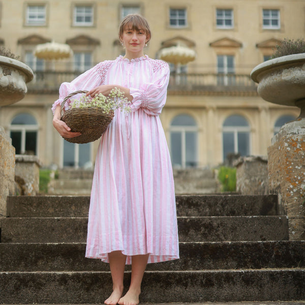 Aloha Wanderwell Dress Powder Pink Stripe with Scarlet Hand Smocking