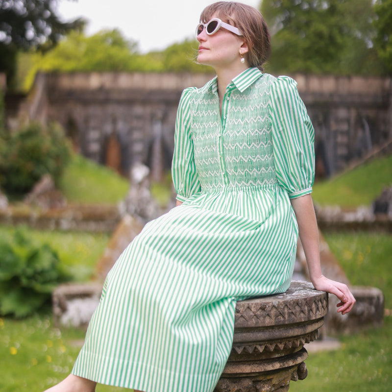 Victoria Woodhull Dress Green Goddess Stripe with Chantilly Hand Smocking