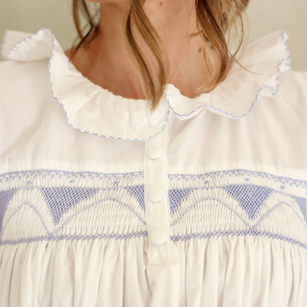 Women's Nightingale Dress Long Sleeves Moonstone with Cornflower Hand Smocking