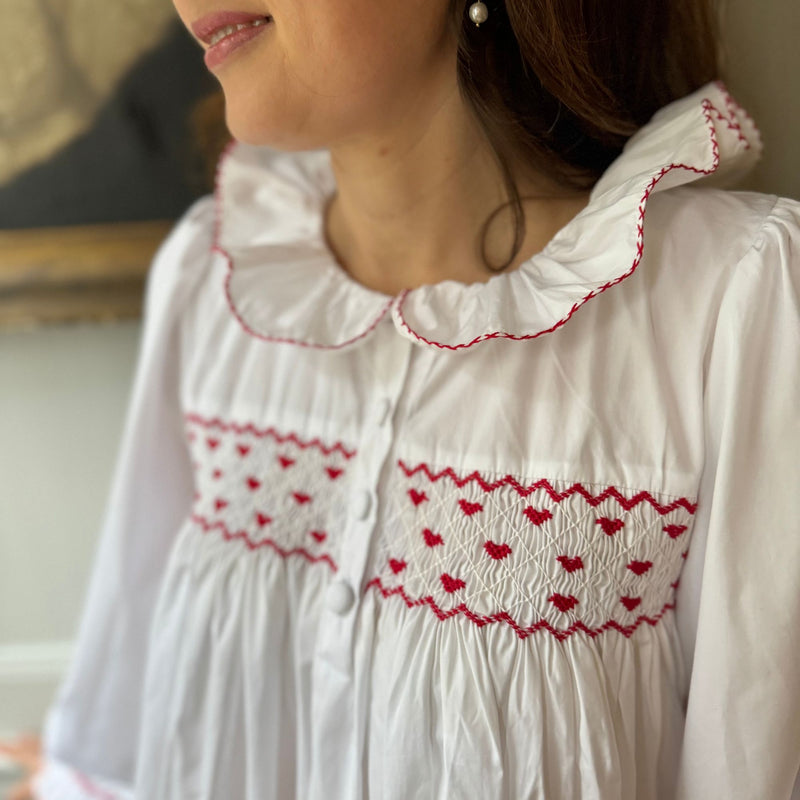 Nightingale Women's Dress Moonstone with Red Hearts Hand Smocking