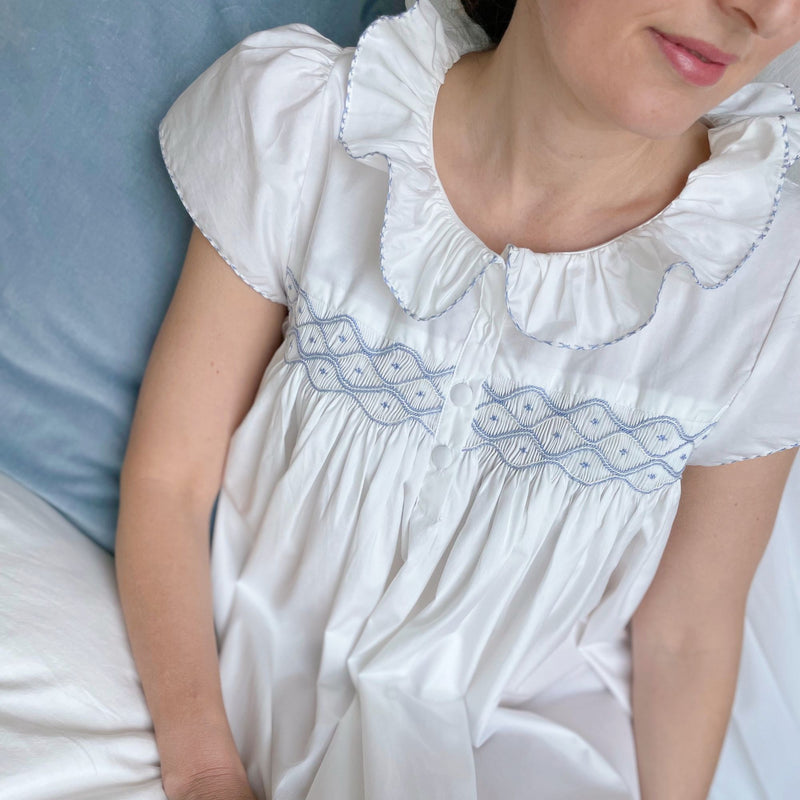 Women's Nightingale Dress Moonstone Short Flutter Sleeves with Mermaid Tail Forget Me Not Hand Smocking