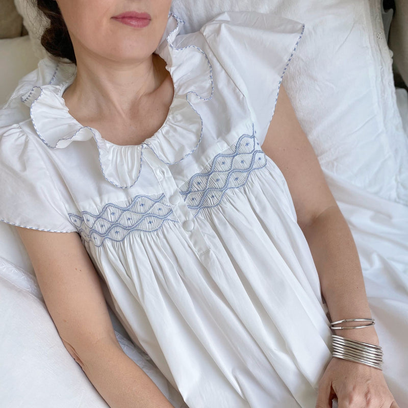 Women's Nightingale Dress Moonstone Short Flutter Sleeves with Mermaid Tail Forget Me Not Hand Smocking