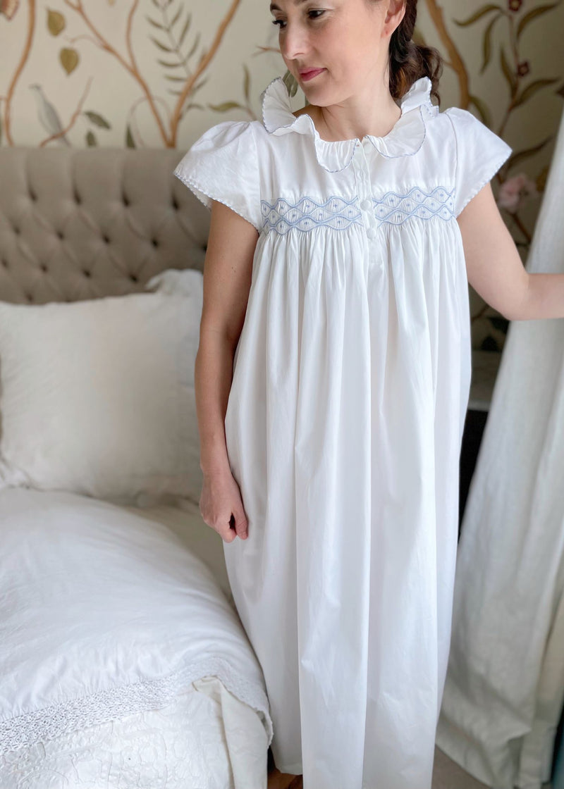 Women's Nightingale Dress Moonstone Short Flutter Sleeves with Mermaid Tail Forget Me Not Hand Smocking