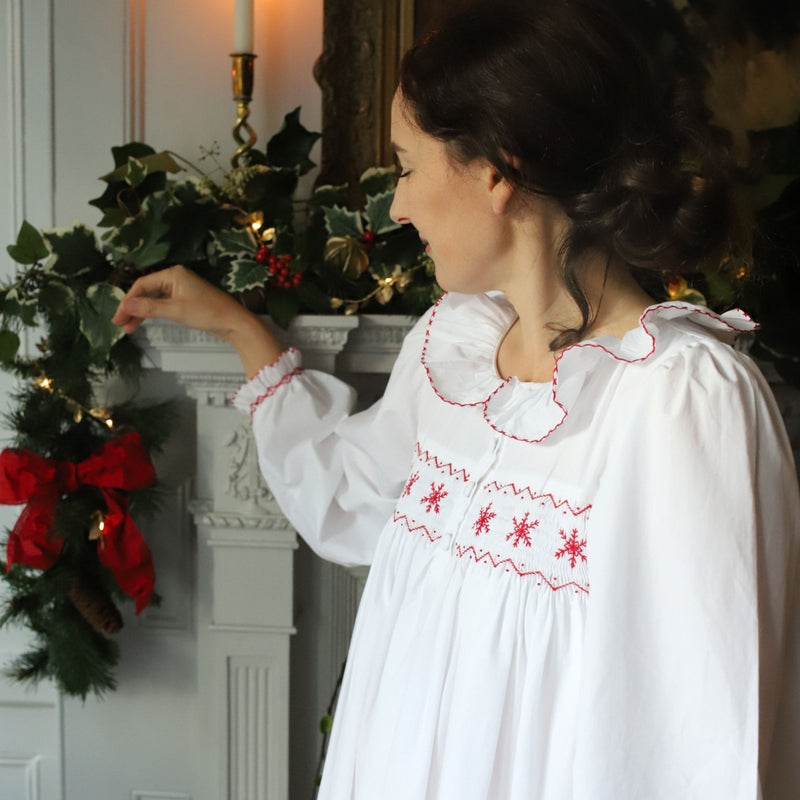 Women's Nightingale Dress Moonstone with Scarlet Snowflakes Hand Smocking