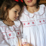 Women's Nightingale Dress Moonstone with Scarlet Snowflakes Hand Smocking