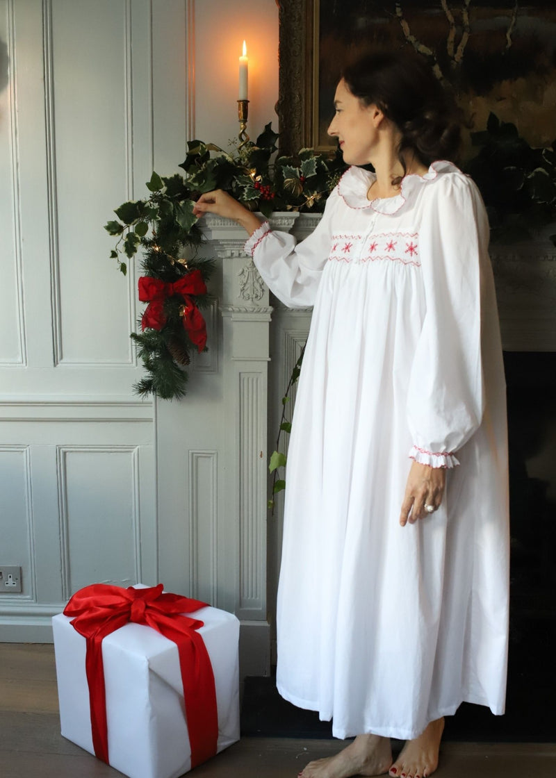Women's Nightingale Dress Moonstone with Scarlet Snowflakes Hand Smocking