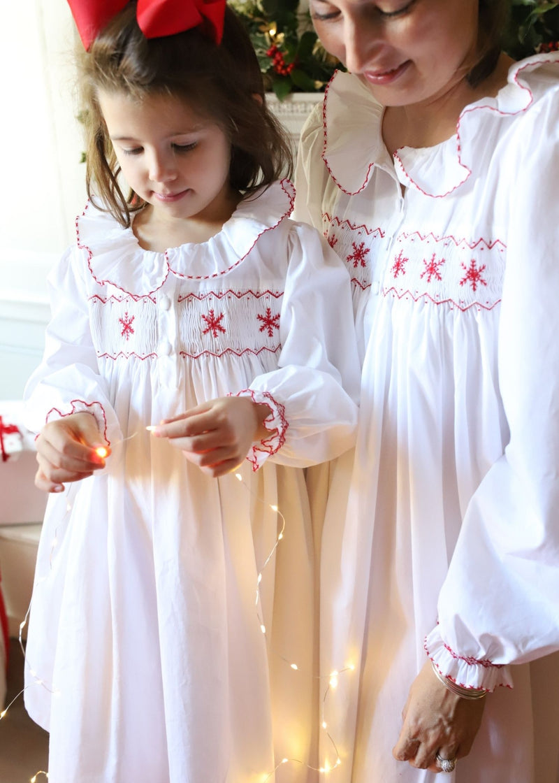 Women's Nightingale Dress Moonstone with Scarlet Snowflakes Hand Smocking