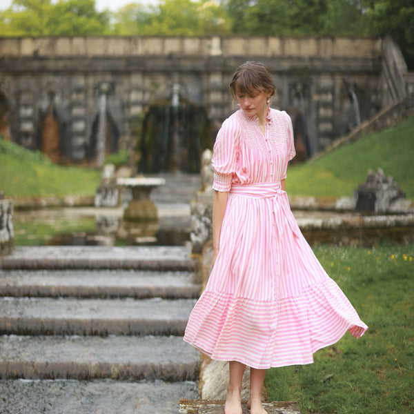 Wu Zetian Dress Pink Chevron Stripe with Peppermint Cream Hand Smocking