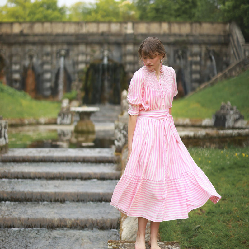 Wu Zetian Dress Pink Chevron Stripe with Peppermint Cream Hand Smocking