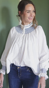 Scholl Women's Blouse White with Navy Hand Smocking Edition 18