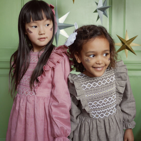 6-8y Anna Pavlova Dress Hazelnut with All that Glitters Hand Smocking