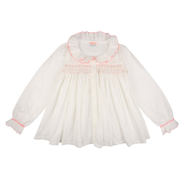 Small Betsy Fry Women's Blouse Cricket White Organic Cotton with Neon Pink Spot Hand Smocking Edition 7