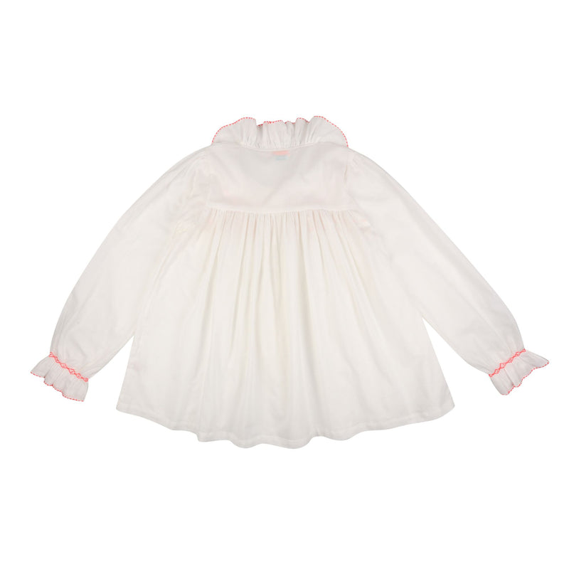 Small Betsy Fry Women's Blouse Cricket White Organic Cotton with Neon Pink Spot Hand Smocking Edition 7