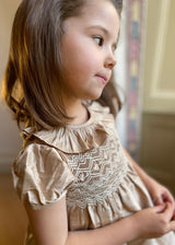 Diana Special Occasion Dress Champagne Silk with Gypsophila Hand Smocking