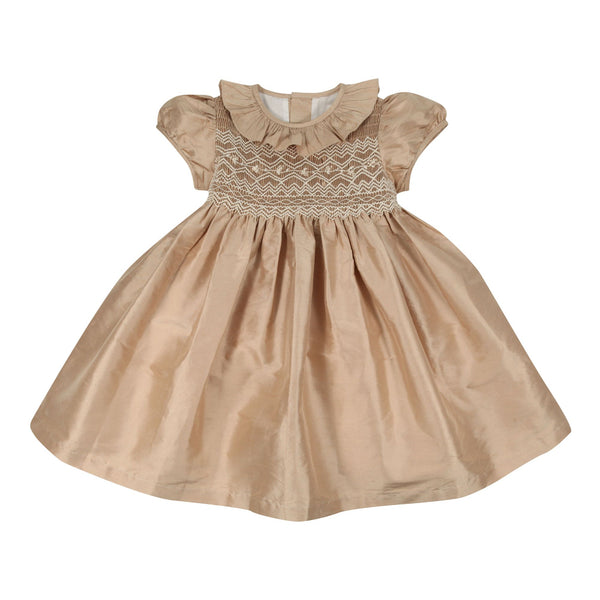 Diana Special Occasion Dress Champagne Silk with Gypsophila Hand Smocking