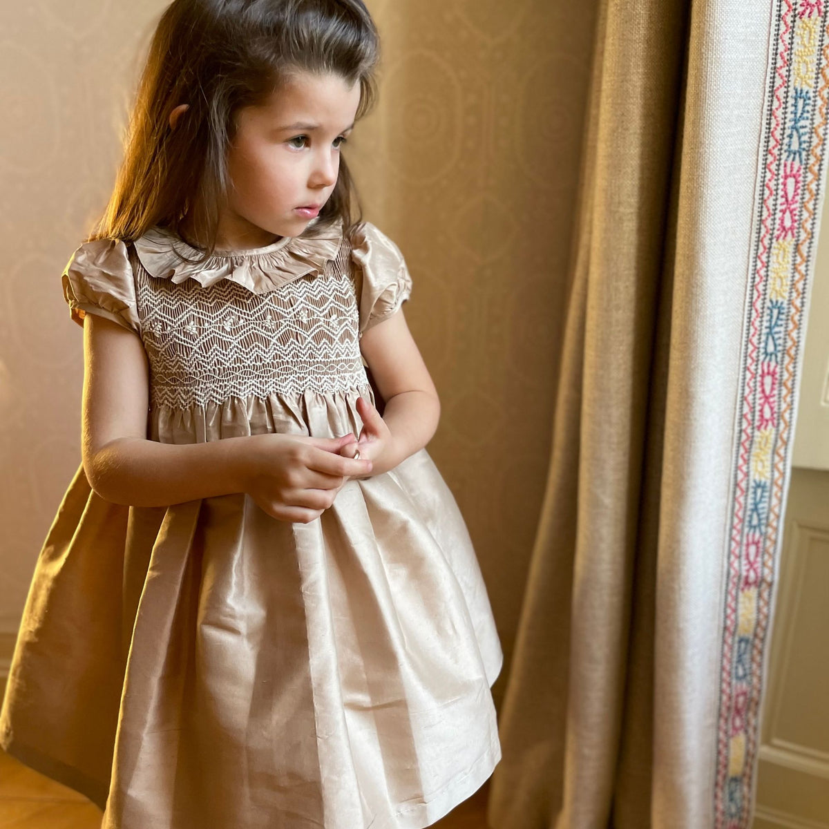 Diana Special Occasion Dress Champagne Silk Gypsophila Hand Smocking