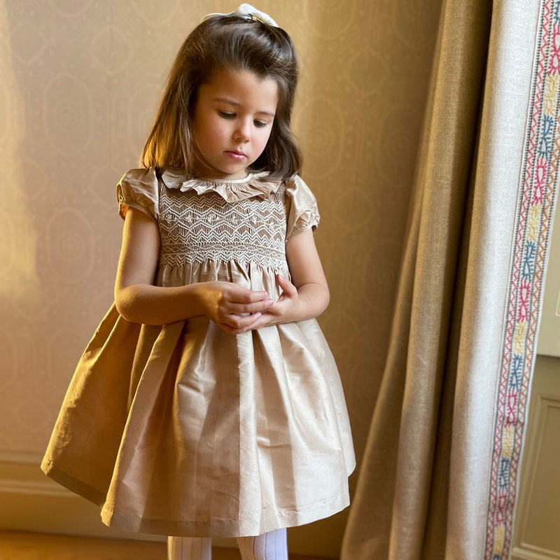 Diana Special Occasion Dress Champagne Silk with Gypsophila Hand Smocking