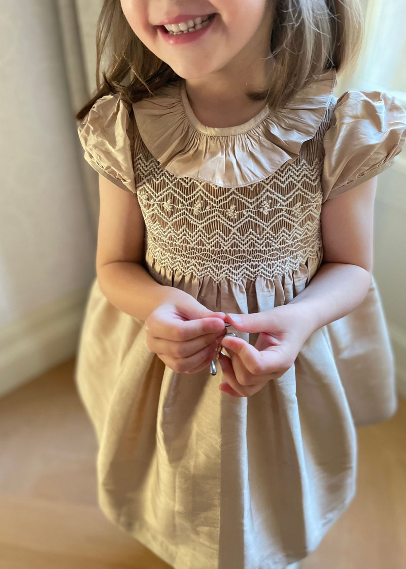 Diana Special Occasion Dress Champagne Silk with Gypsophila Hand Smocking