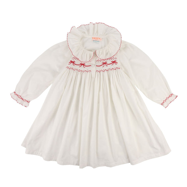 Nightingale Dress Moonstone with Scarlet Bows Hand Smocking