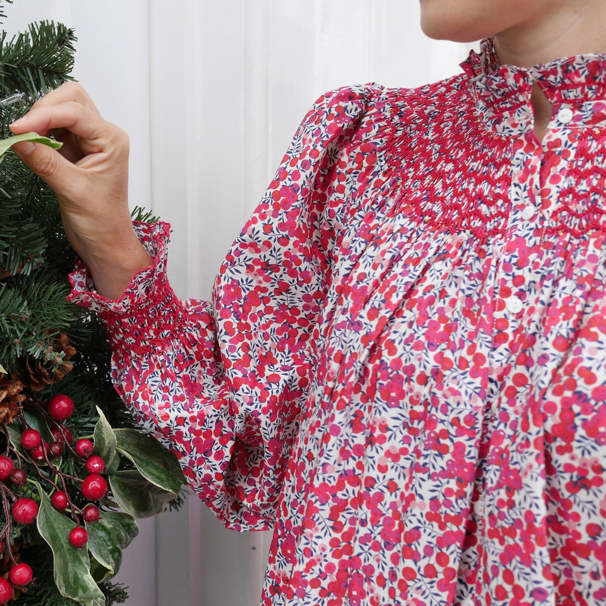 Small Scholl Women's Blouse with Santa Hand Smocking made with Liberty Wiltshire Fabric Edition 5
